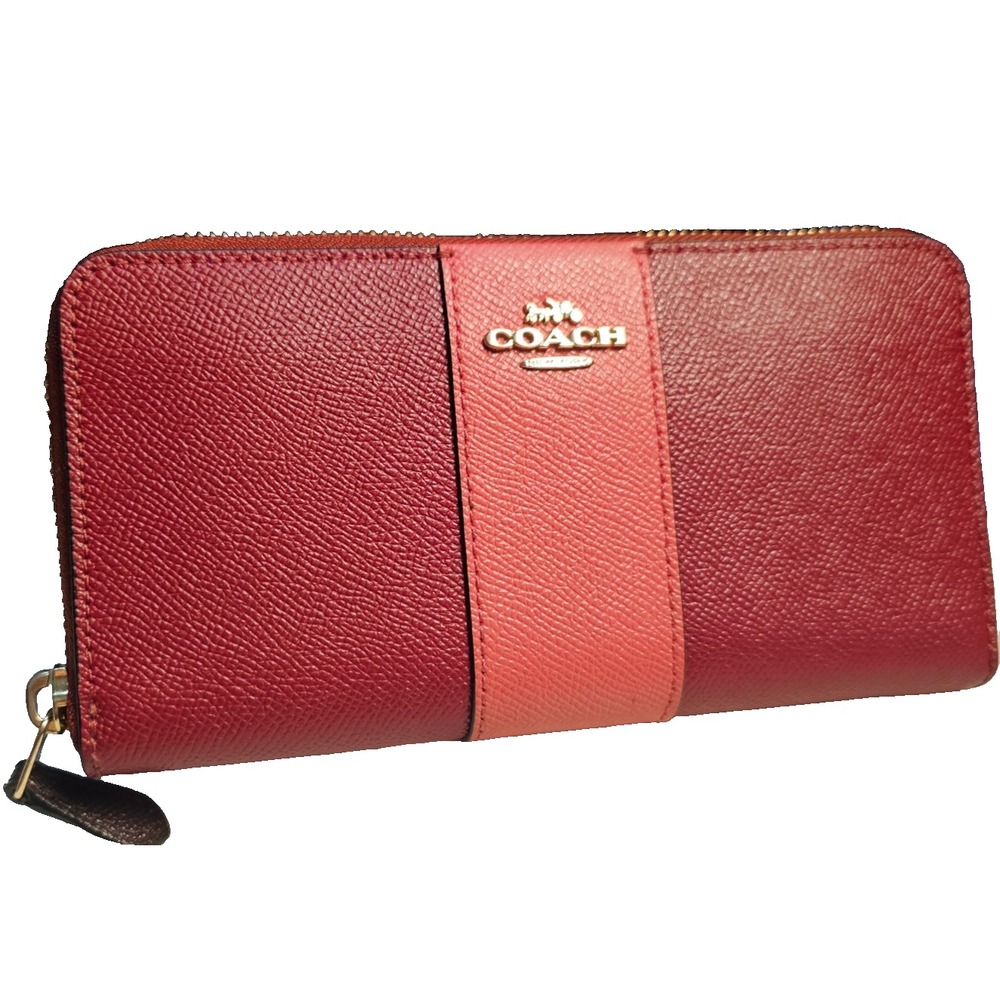Coach Long Accordion Zip Wallet Burgundy Salmon Colorblock Crossgrain Leather